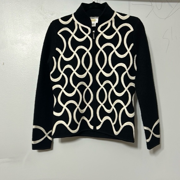 TALBOTS Jacket zip WOOL S Black Front White Trimming SMALL - Picture 1 of 4